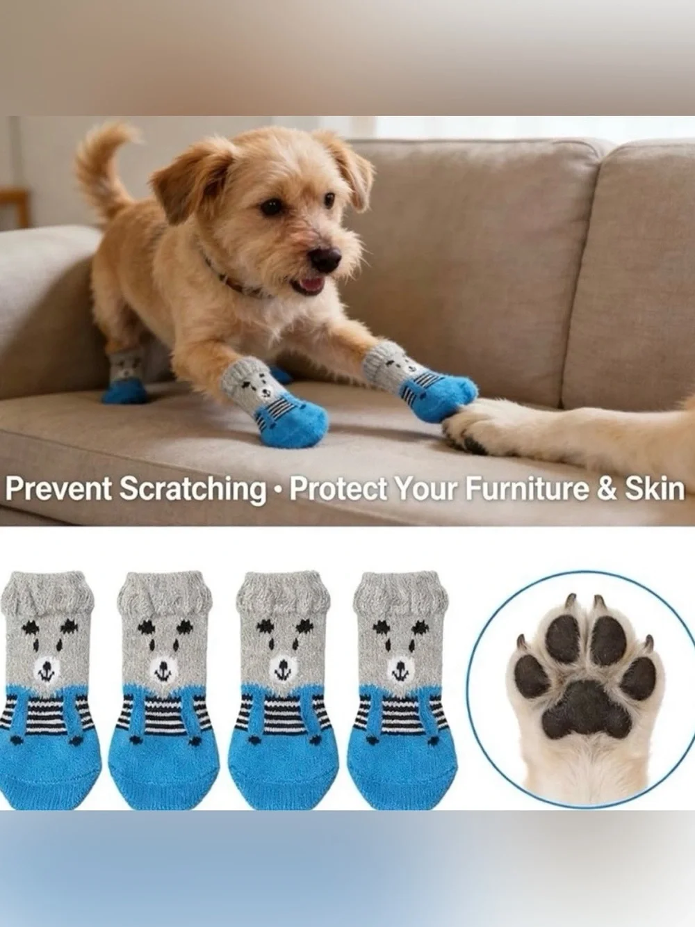 💞 New Size Small Blue & Gray Puppy Dog Non-Skid Grippy Socks